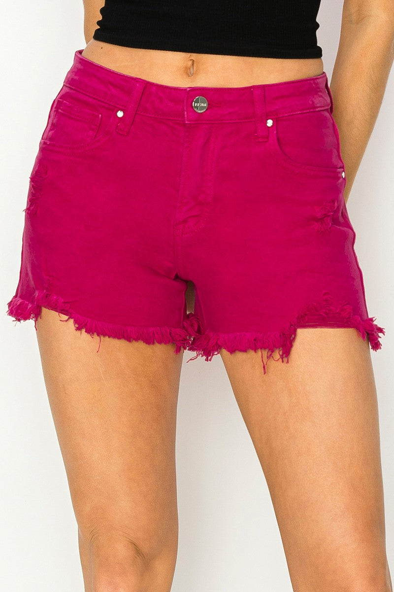 Rosie -Risen Mid Rise Fuchsia Frayed Hem Shorts