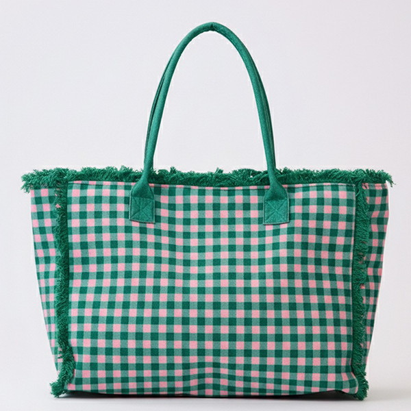 Pink and blue Gingham Check Terry Cloth Frayed Tote