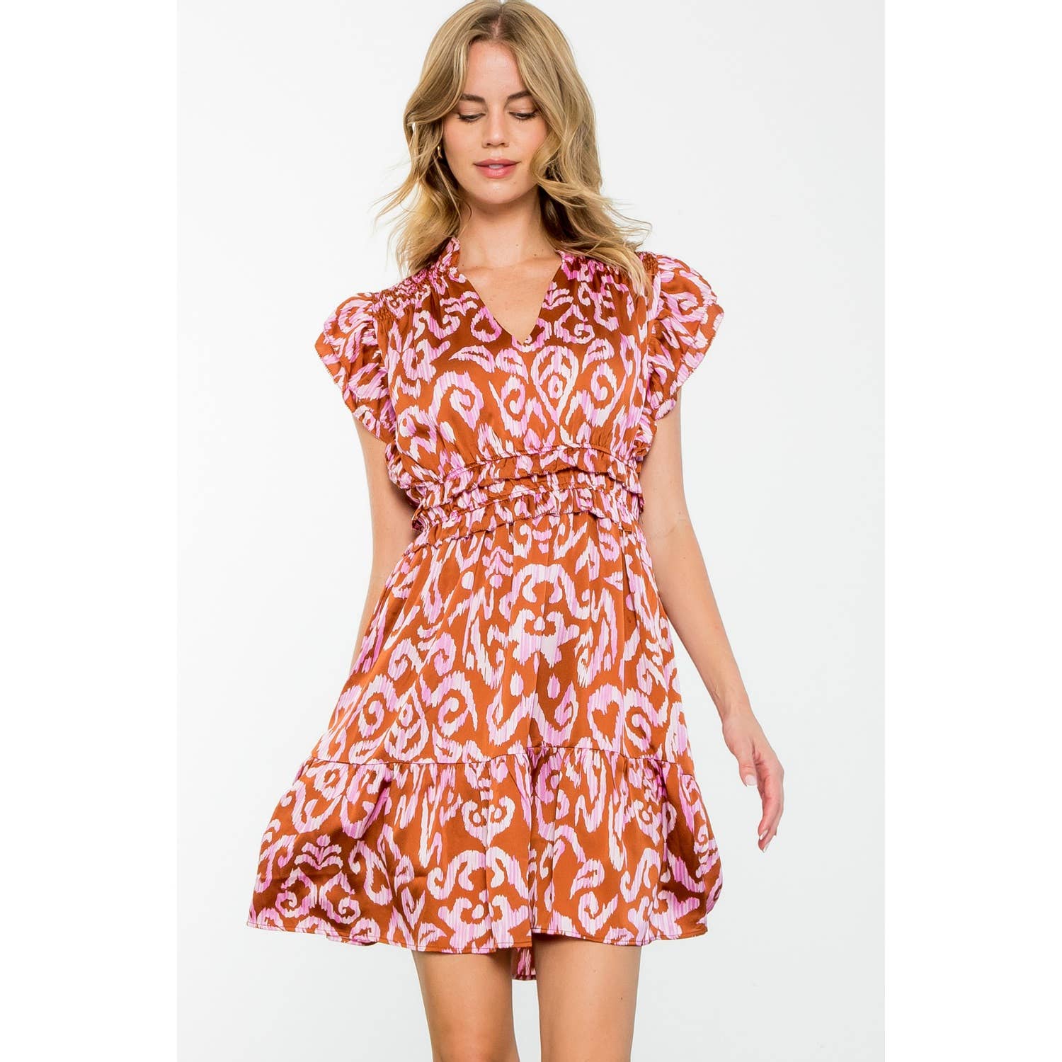 Monica - Flutter Sleeve Tiered Print Mini Dress