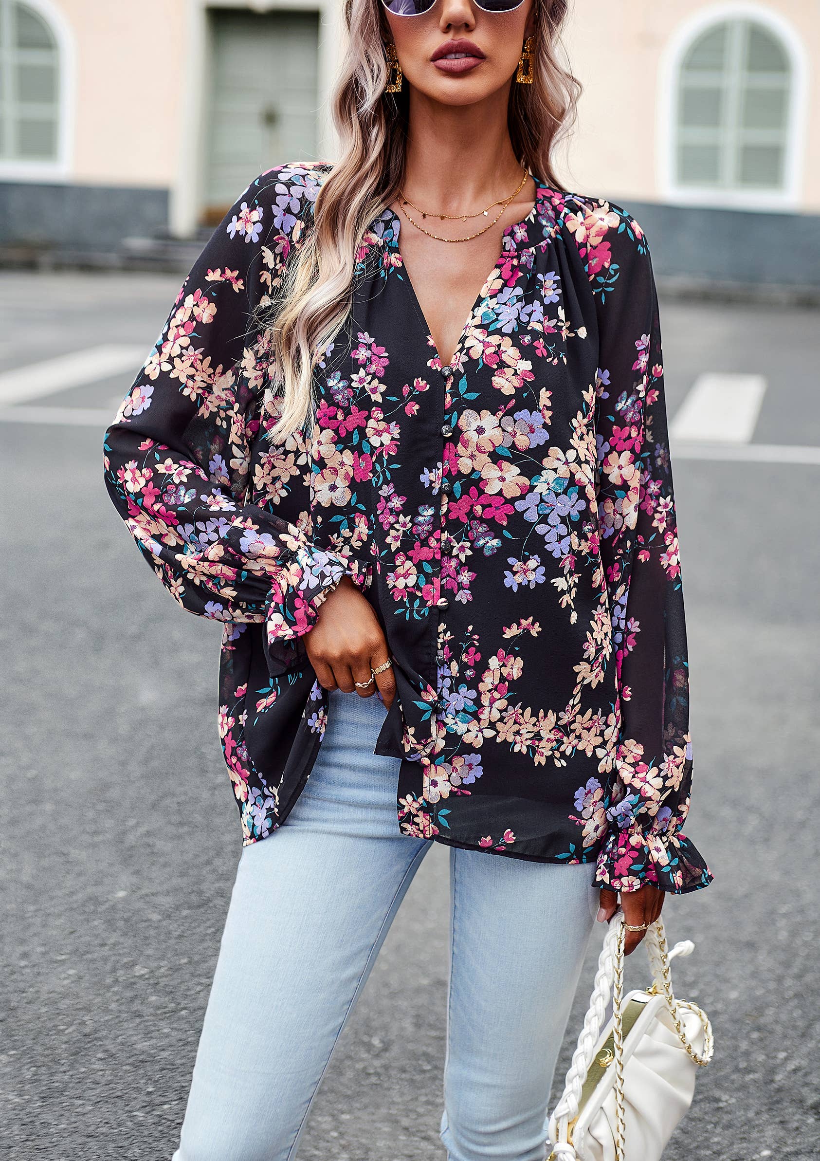 Nancy - Floral Button Down Long Sleeve Blouse